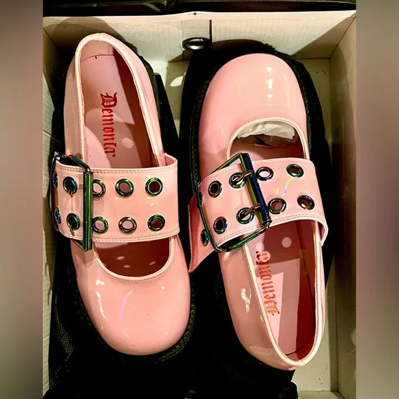 NIB- Dolls Kill x Demonia Baby Pink Holo Creeper Mary Jane - Picture 7 of 13